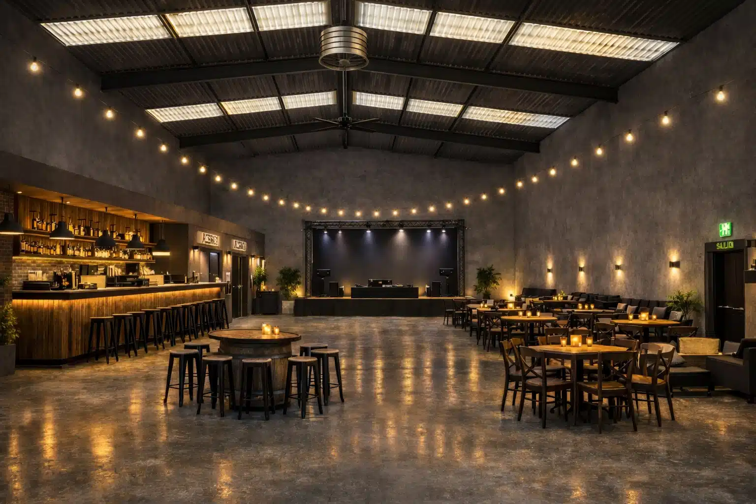 Ambiente nocturno en LA NAVE 77 con iluminación cálida, mesas con velas y escenario preparado