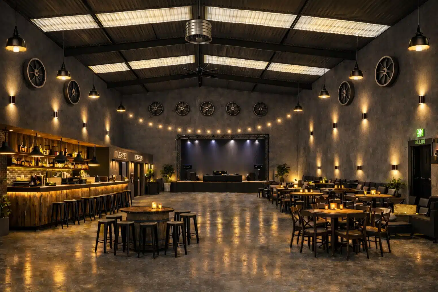 Escenario con equipo de sonido y pantalla en LA NAVE 77, preparado para un evento de empresa en Málaga