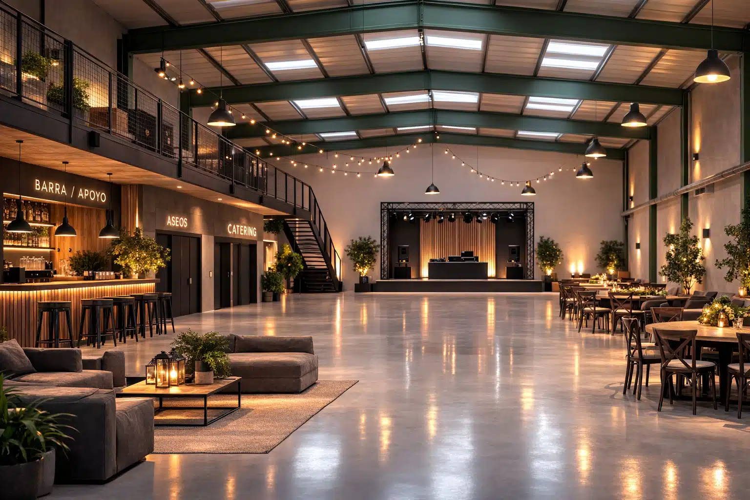 Zona lounge con sofás y barra de apoyo en LA NAVE 77, con vegetación y luz cálida